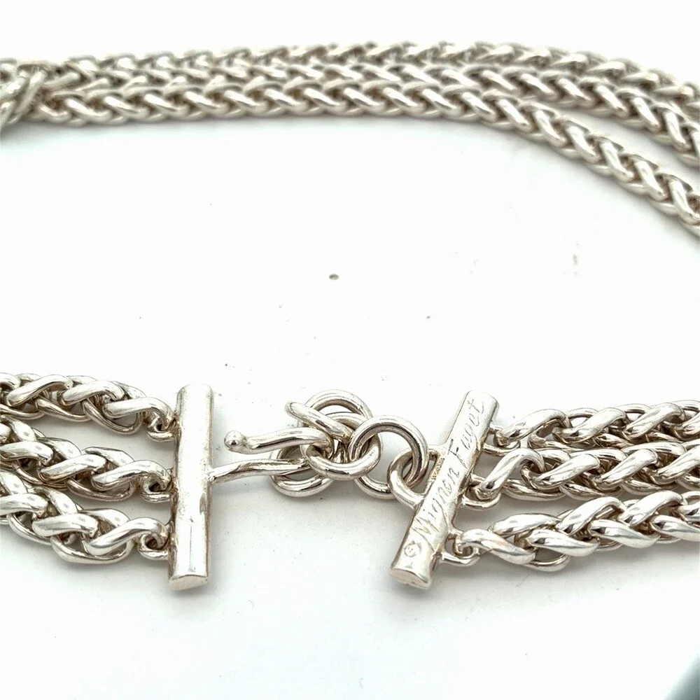 Mignon Faget 925 Sterling Silver Graduated Wheat 3 Chain Link Statement Necklace